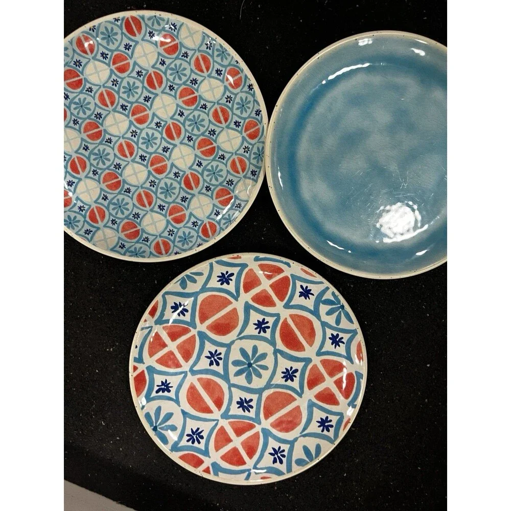 3 Better Homes Gardens Coral Sabine Tile Melamine Dinner Plates dishes 10.5 in